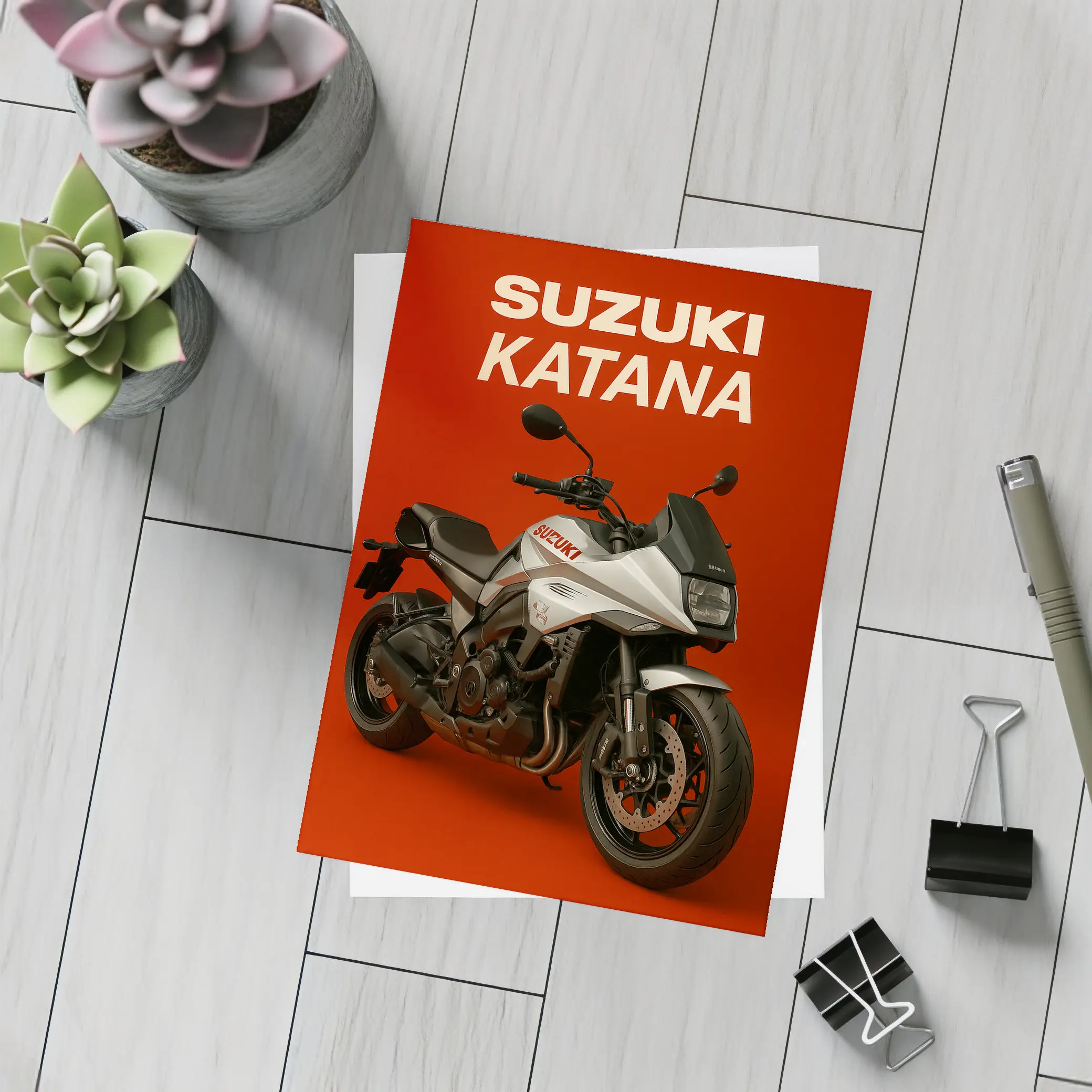 Suzuki Katana Motorcycle on Red Background – Postcards