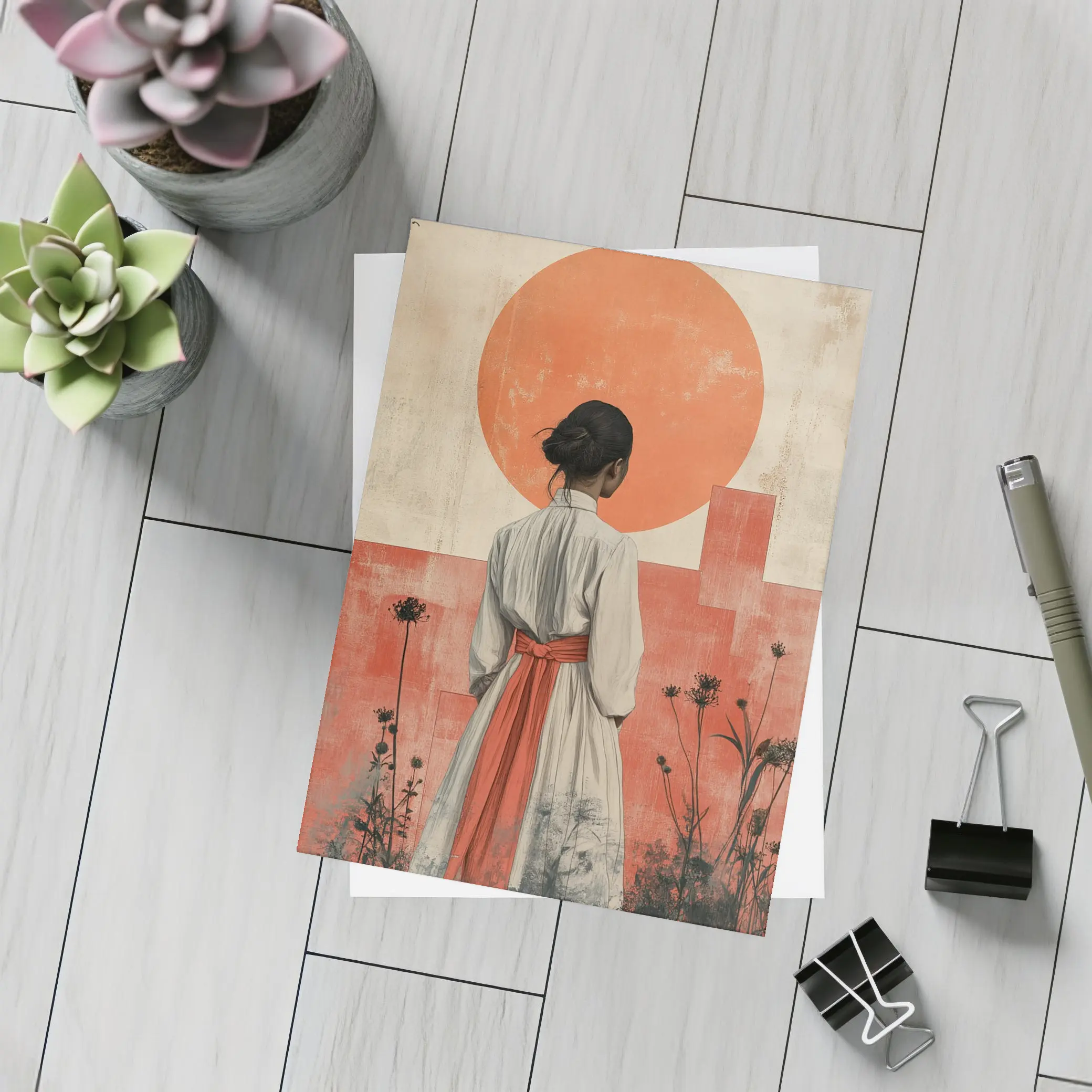 Japanese Woman Red Sun Minimal Art – Postcards