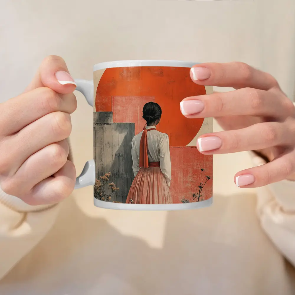 Woman in Orange Sun Japanese Minimal Art – Mugs