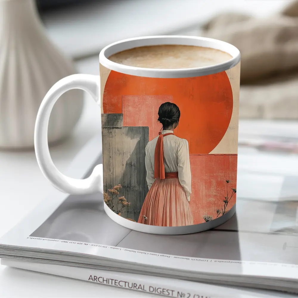 Woman in Orange Sun Japanese Minimal Art – Mugs