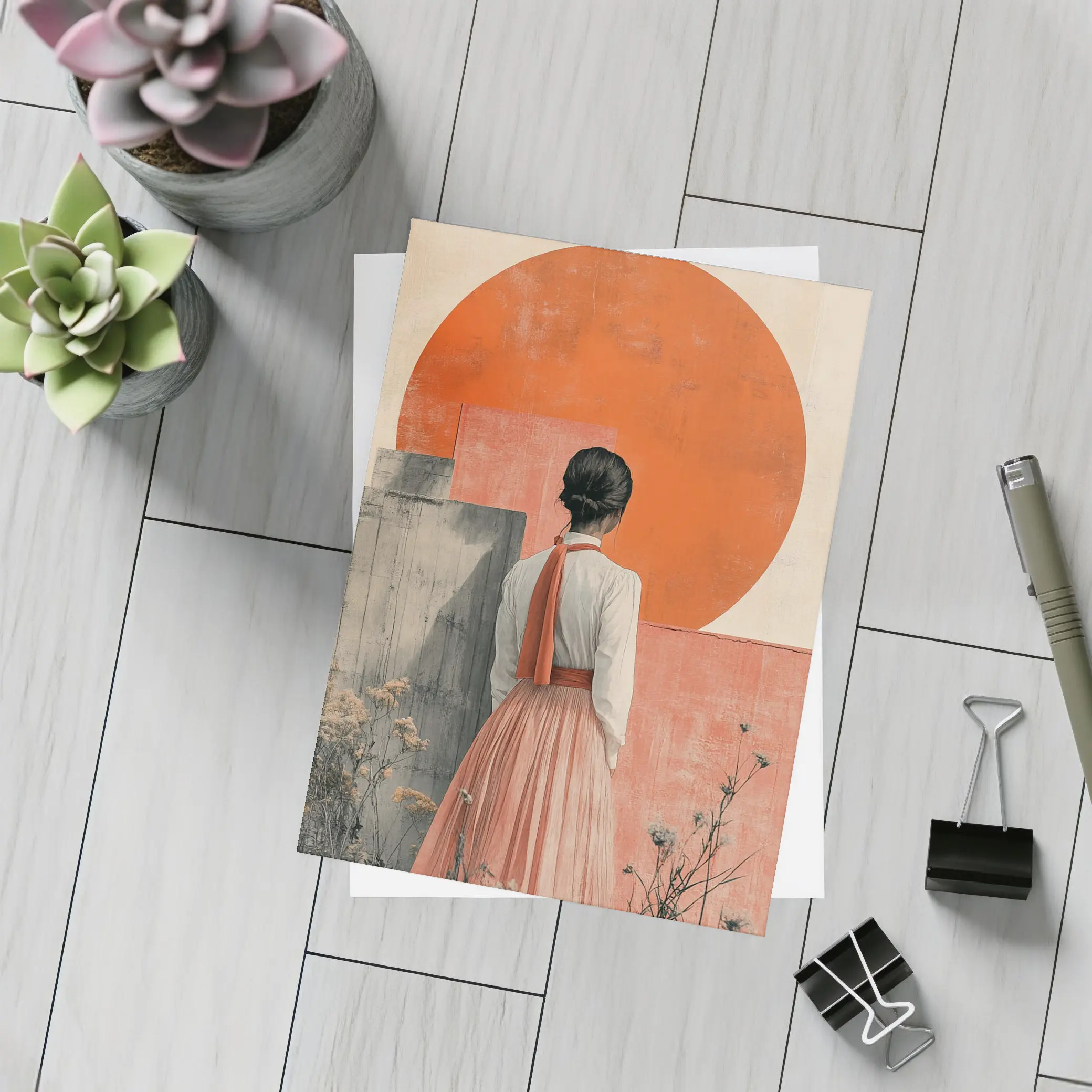 Woman in Orange Sun Japanese Minimal Art – Postcards