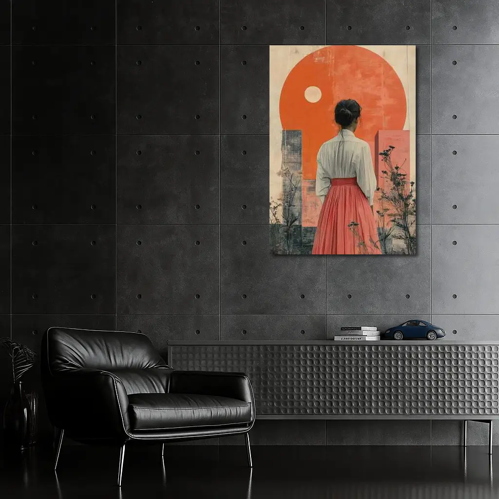 Woman Red Skirt Orange Sun Abstract Art – Wall Art