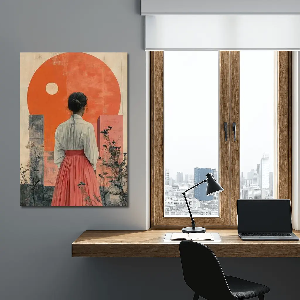 Woman Red Skirt Orange Sun Abstract Art – Wall Art