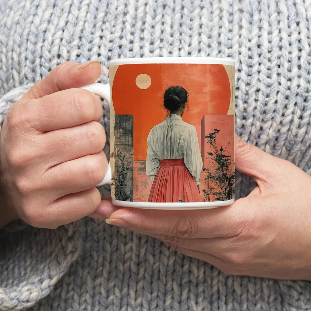 Woman Red Skirt Orange Sun Abstract Art – Mugs