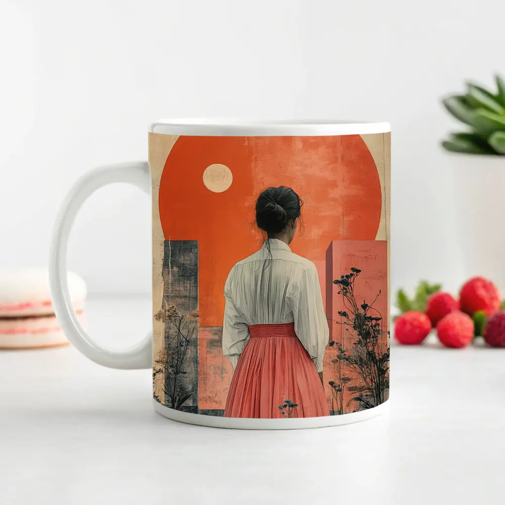 Woman Red Skirt Orange Sun Abstract Art – Mugs