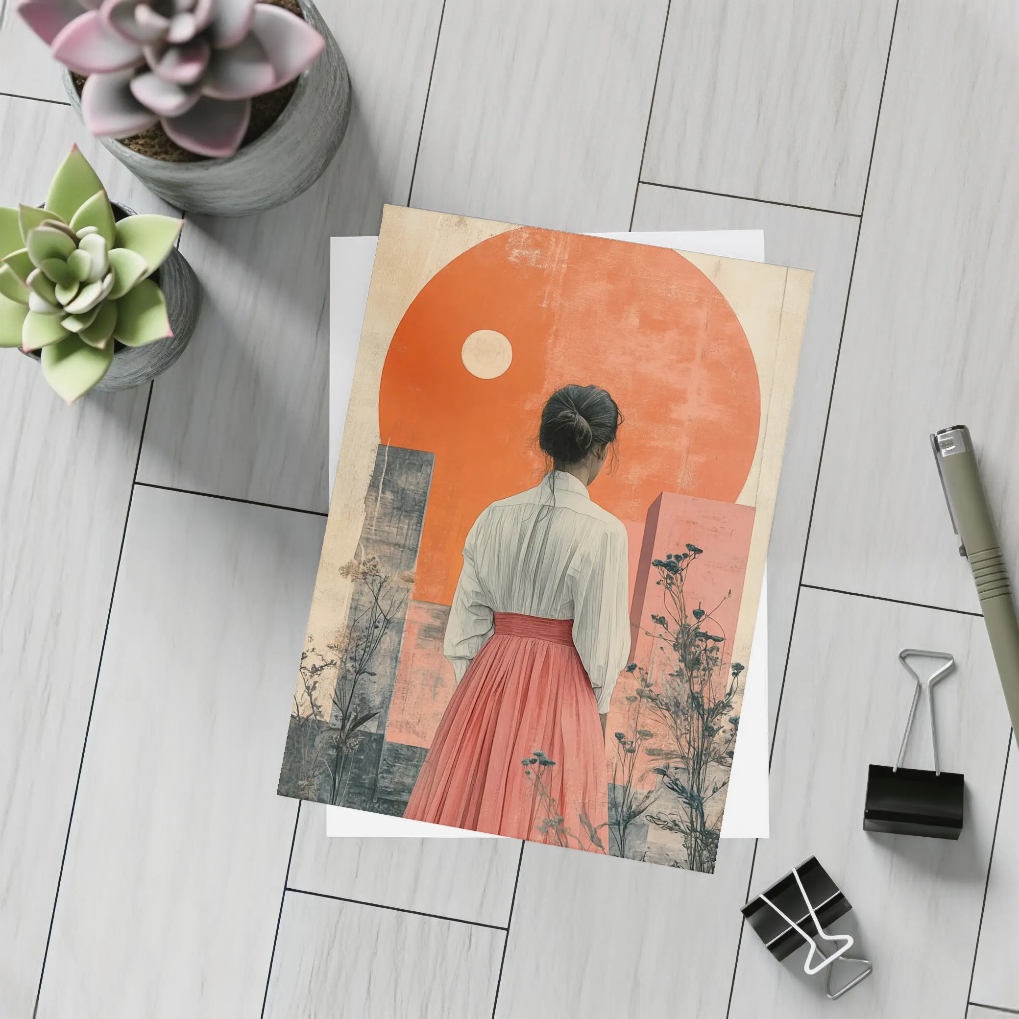 Woman Red Skirt Orange Sun Abstract Art – Postcards