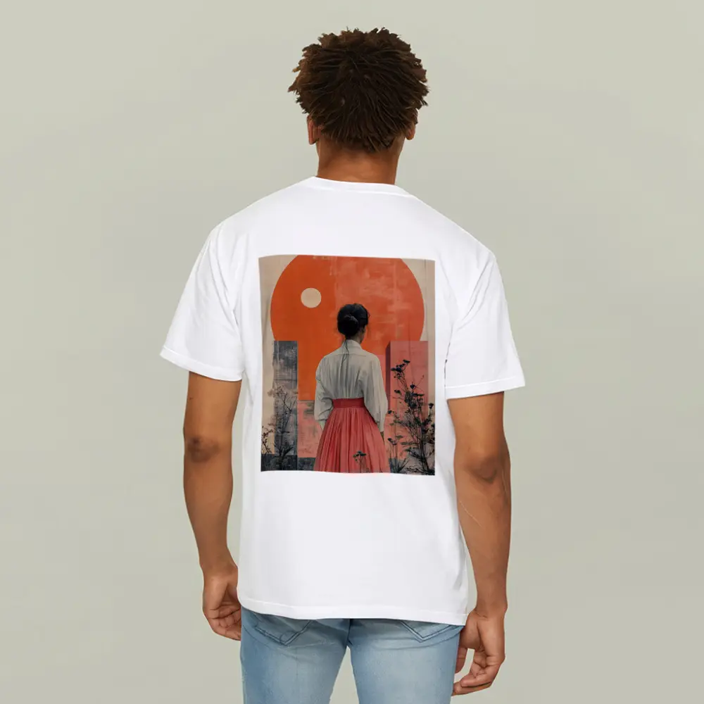 Woman Red Skirt Orange Sun Abstract Art – T-Shirts