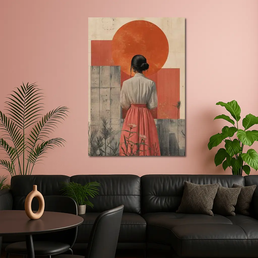 Woman in Pink Skirt Red Sun Collage – Wall Art