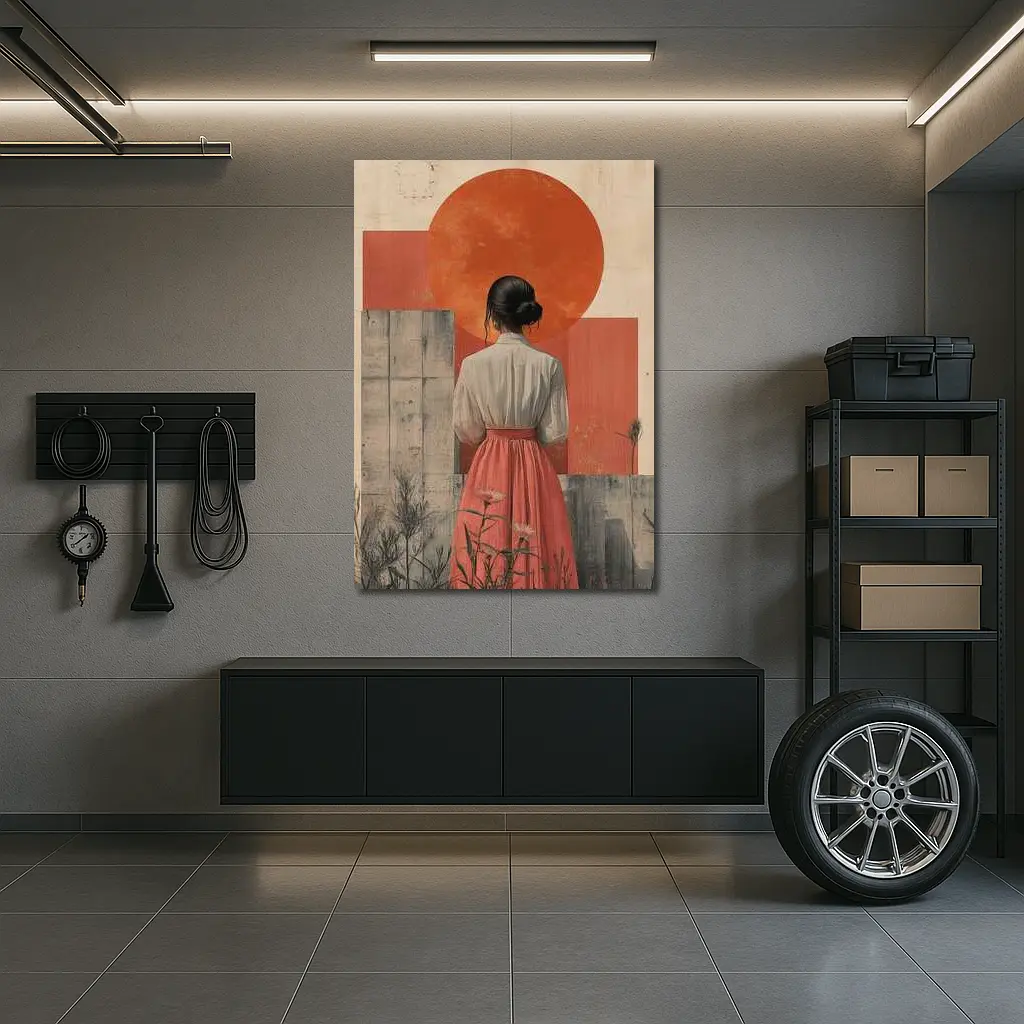 Woman in Pink Skirt Red Sun Collage – Wall Art