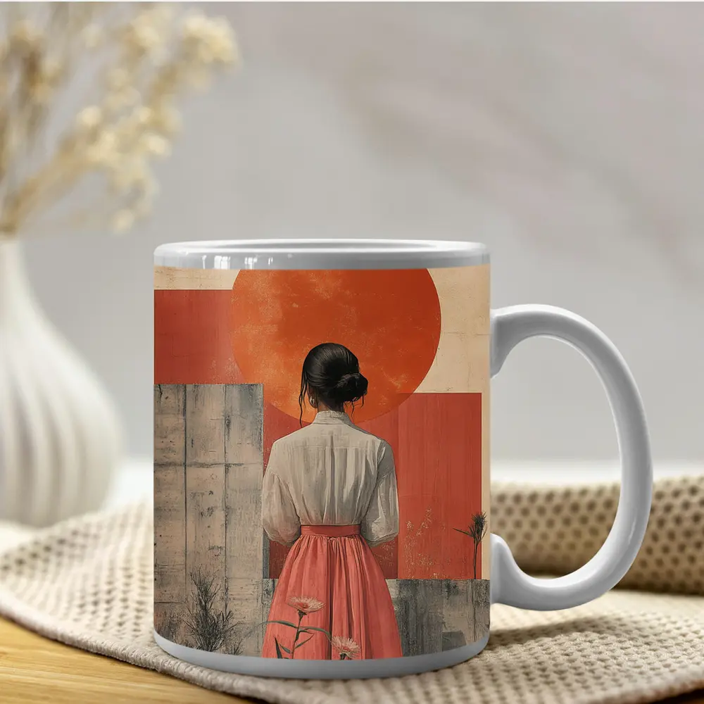 Woman in Pink Skirt Red Sun Collage – Mugs
