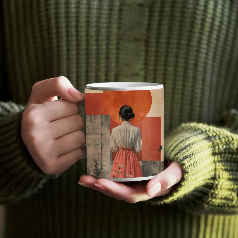 Woman in Pink Skirt Red Sun Collage – Mugs