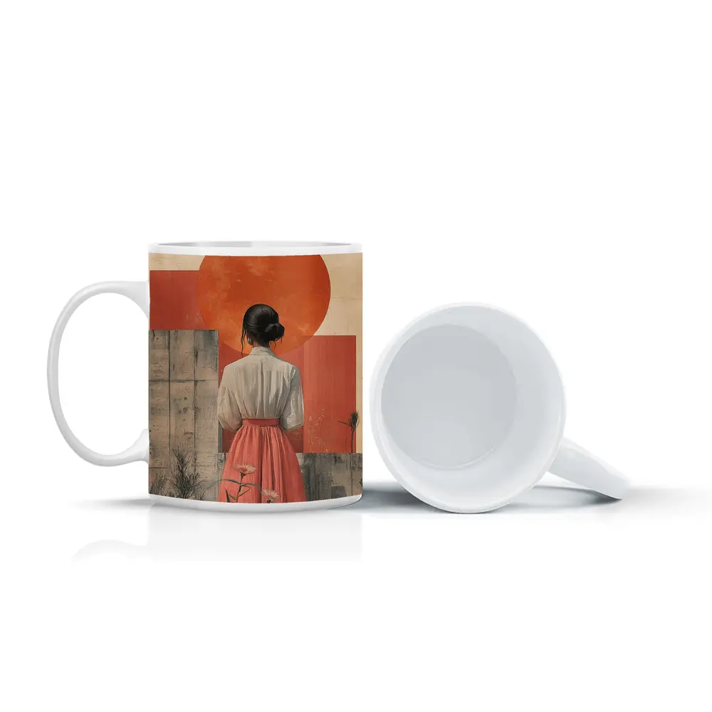 Woman in Pink Skirt Red Sun Collage – Mugs