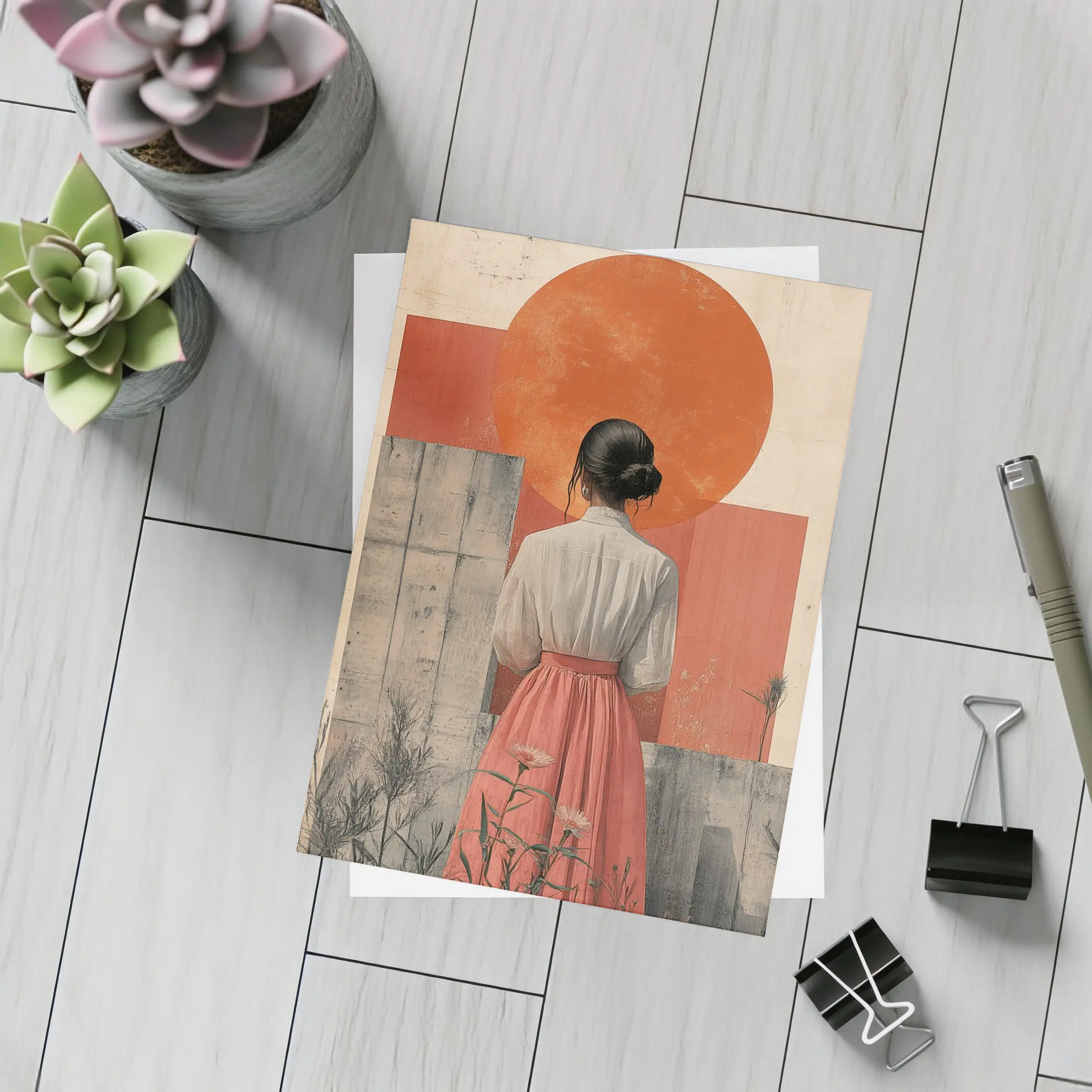 Woman in Pink Skirt Red Sun Collage – Postcards