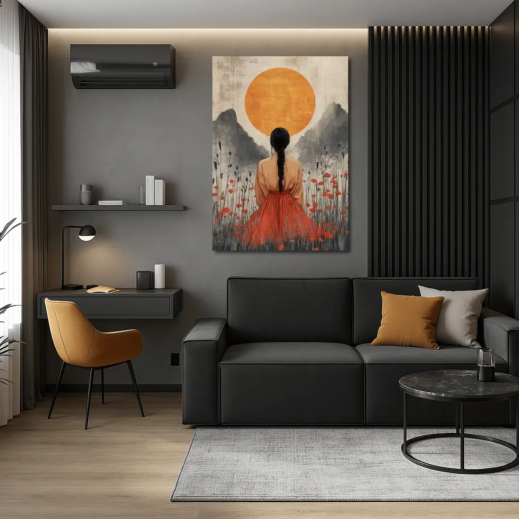 Woman in Poppy Field Orange Sun – Wall Art