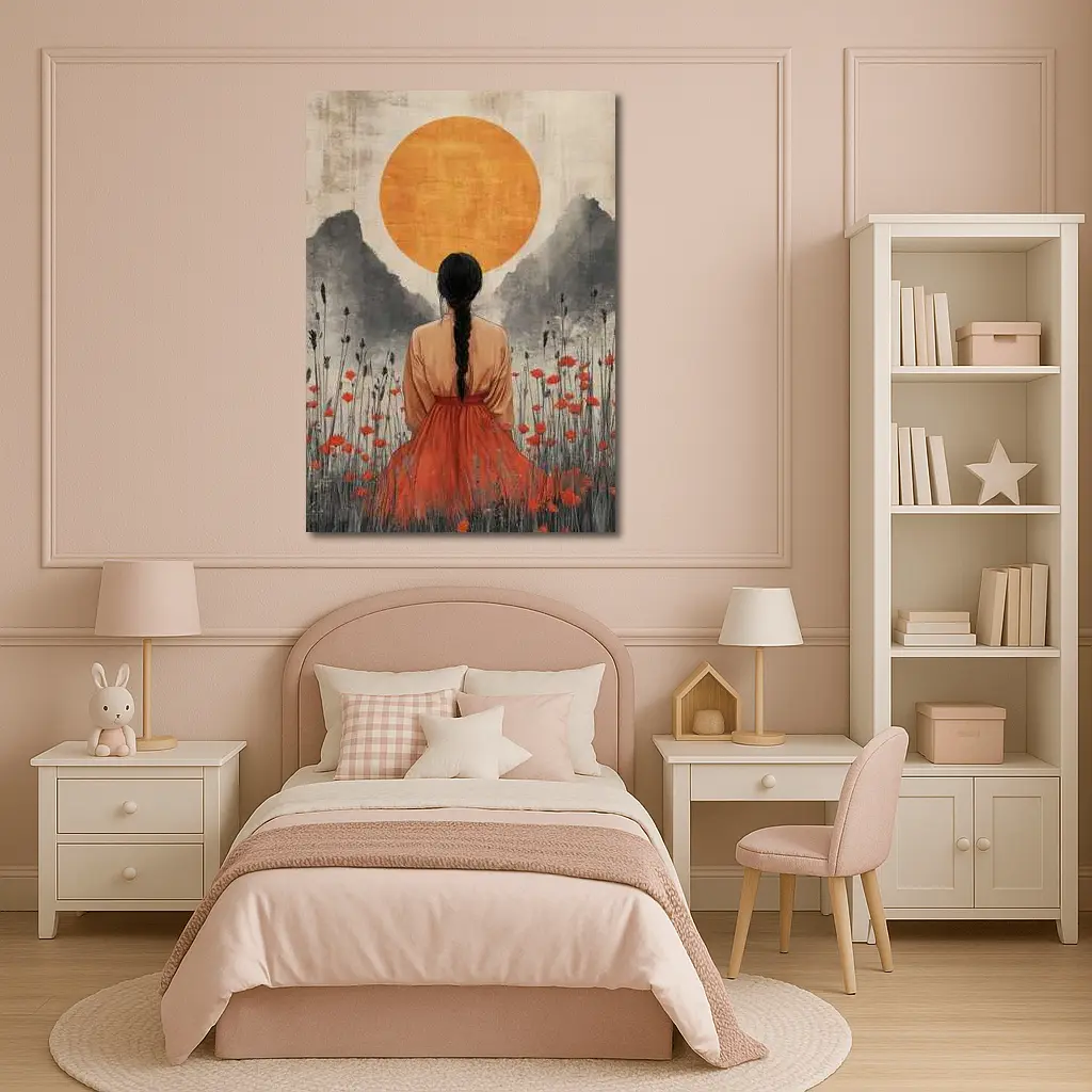 Woman in Poppy Field Orange Sun – Wall Art