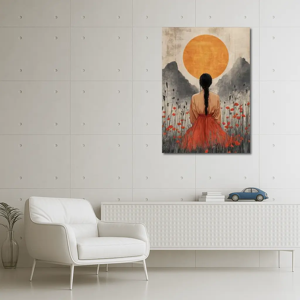 Woman in Poppy Field Orange Sun – Wall Art