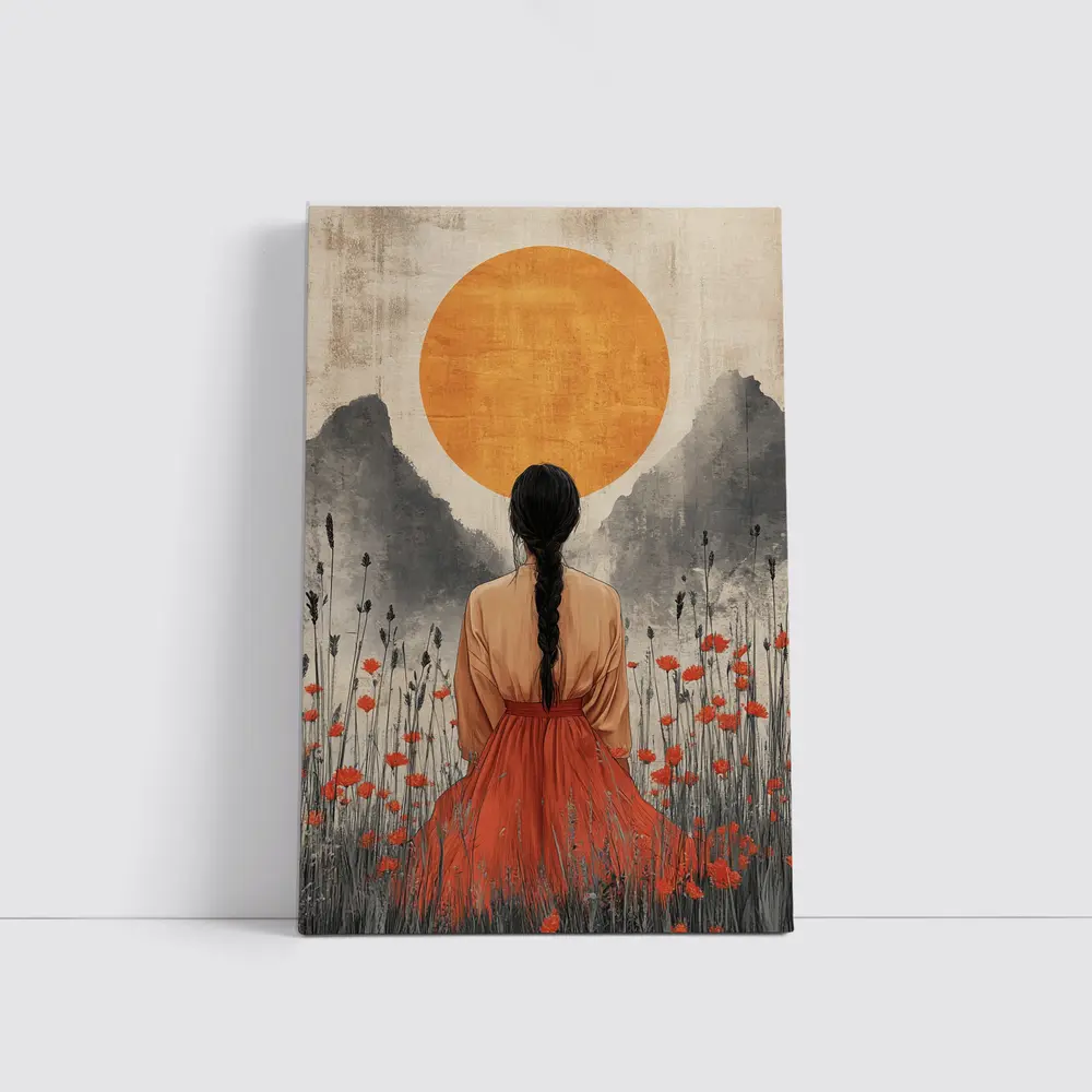 Woman in Poppy Field Orange Sun – Wall Art