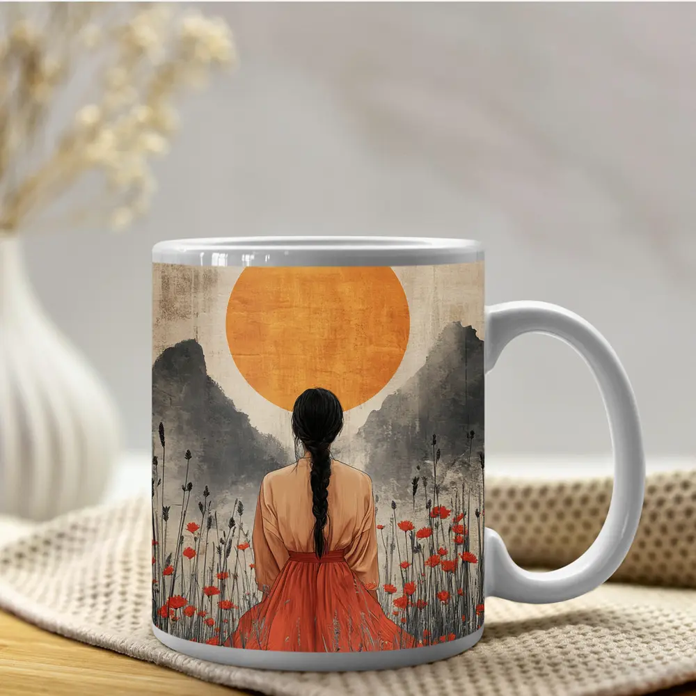 Woman in Poppy Field Orange Sun – Mugs