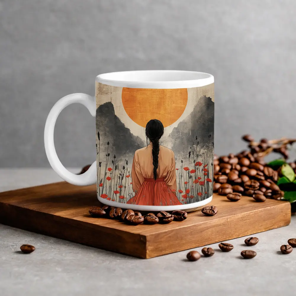 Woman in Poppy Field Orange Sun – Mugs