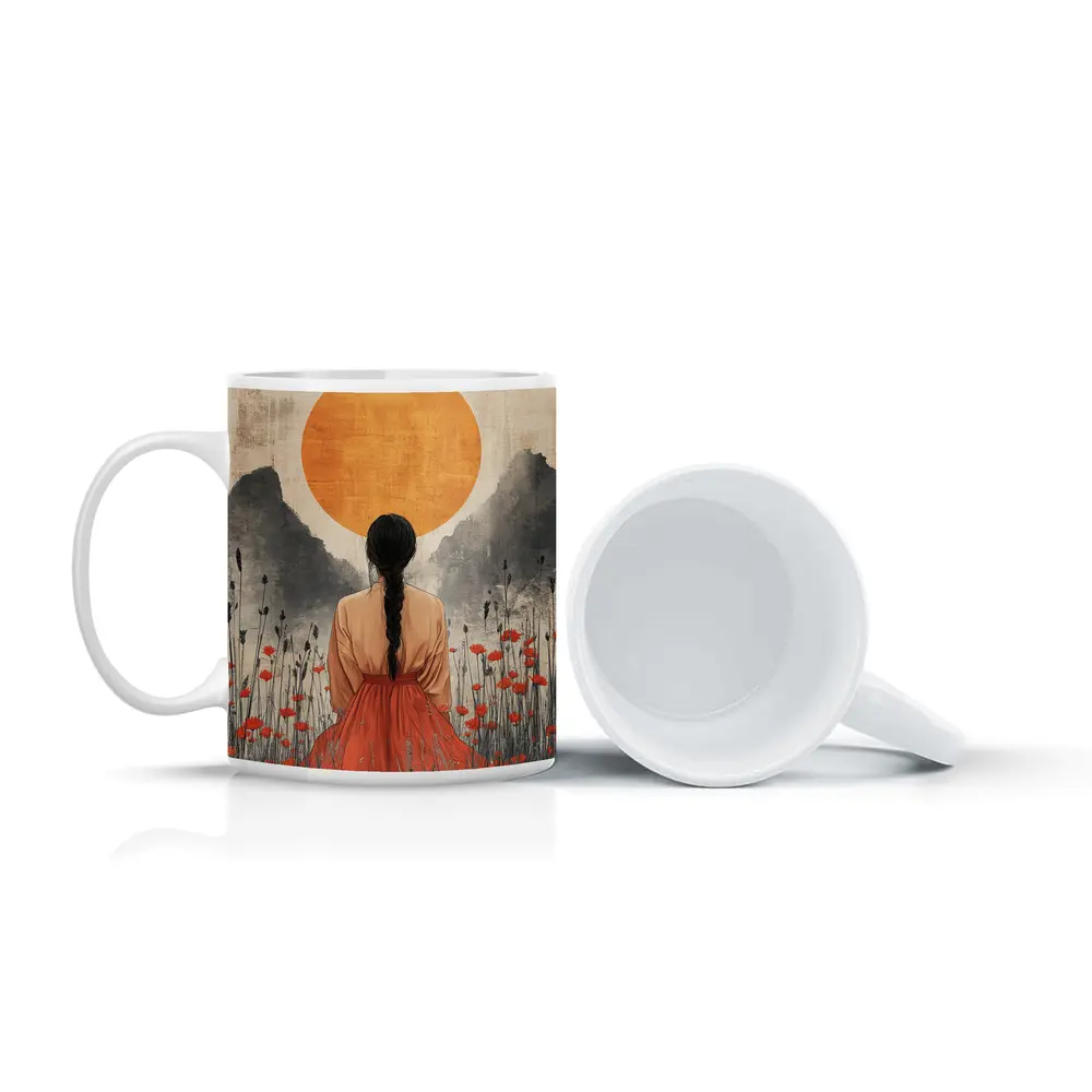 Woman in Poppy Field Orange Sun – Mugs