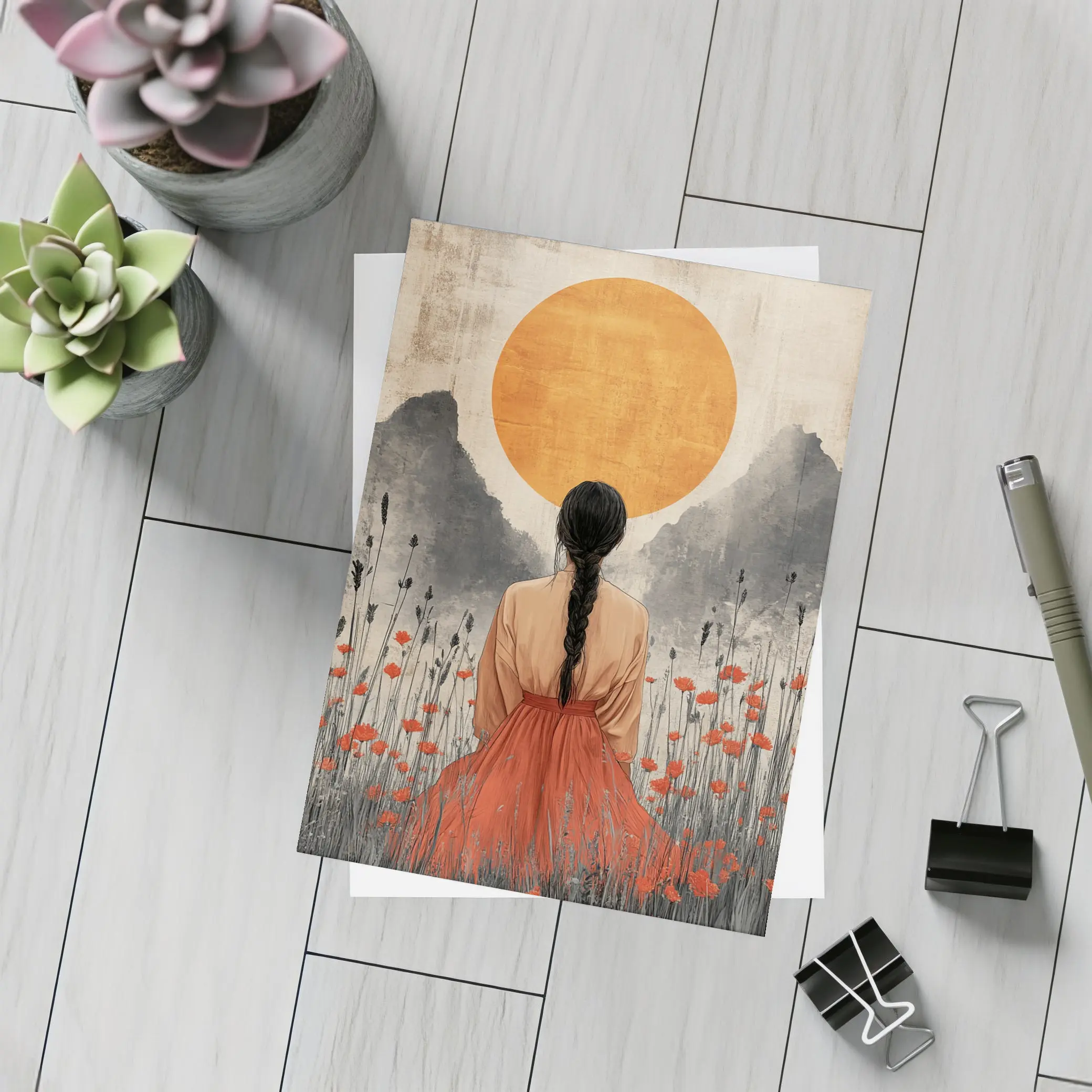 Woman in Poppy Field Orange Sun – Postcards