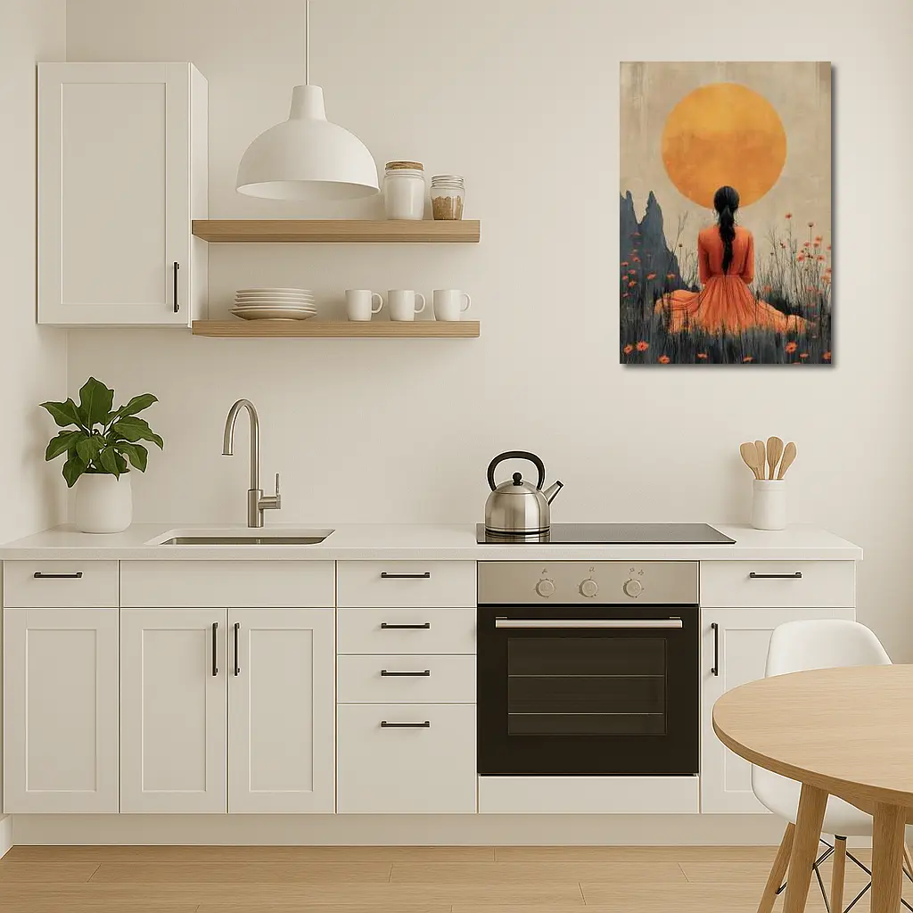Woman in Orange Dress Golden Sun Field – Wall Art