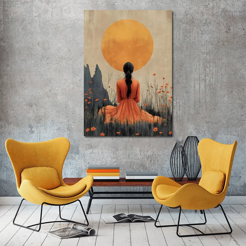 Woman in Orange Dress Golden Sun Field – Wall Art