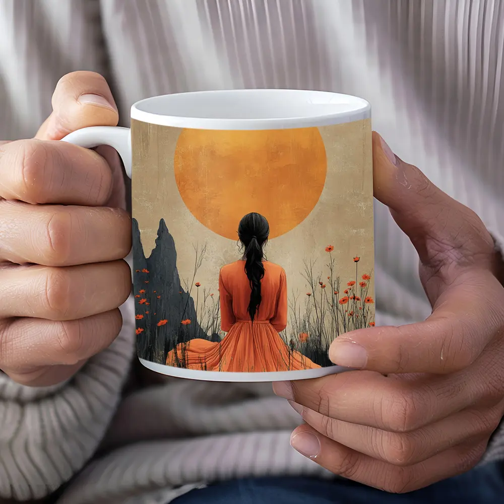 Woman in Orange Dress Golden Sun Field – Mugs