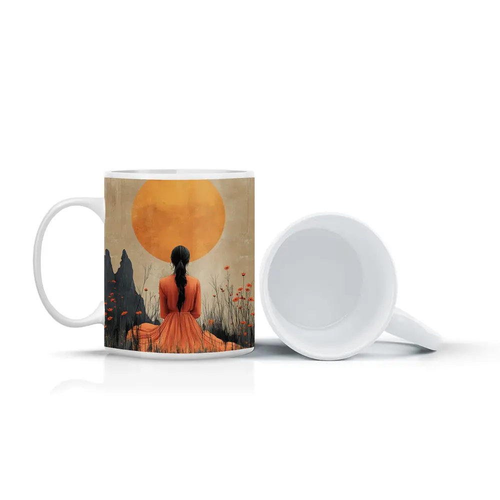 Woman in Orange Dress Golden Sun Field – Mugs