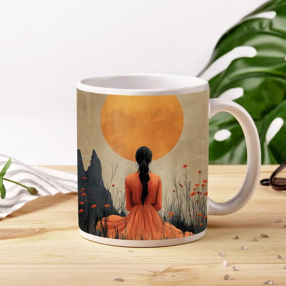 Woman in Orange Dress Golden Sun Field – Mugs