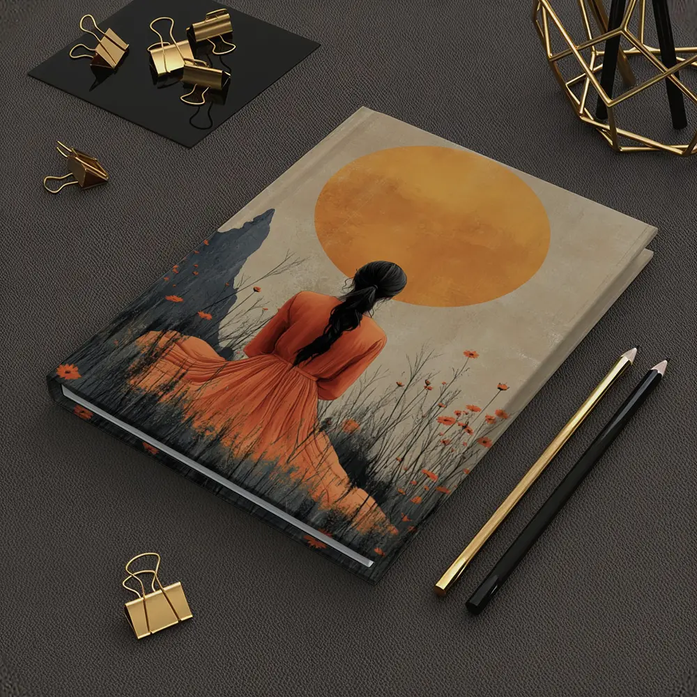 Woman in Orange Dress Golden Sun Field – Notebooks