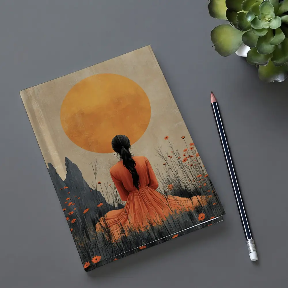 Woman in Orange Dress Golden Sun Field – Notebooks