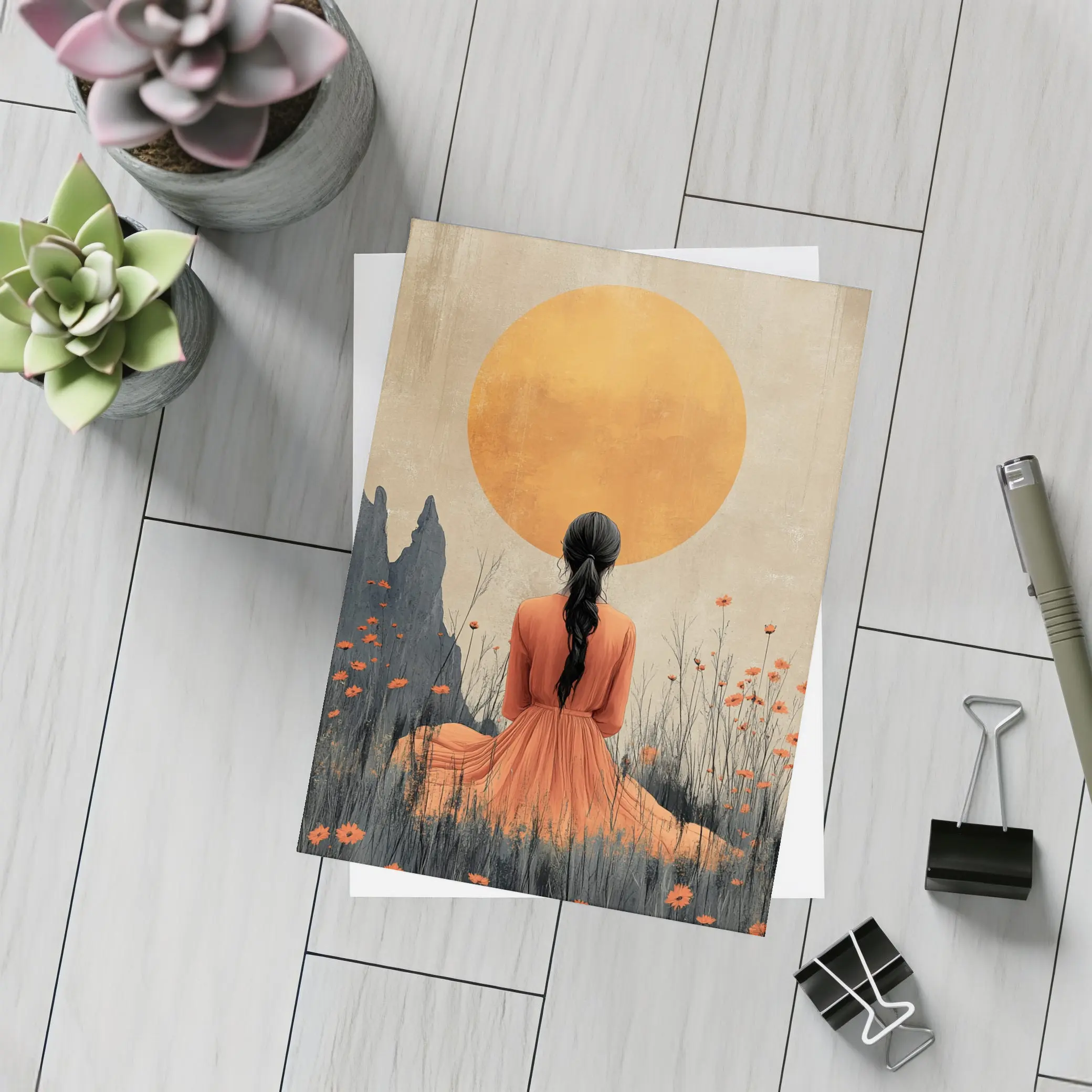 Woman in Orange Dress Golden Sun Field – Postcards