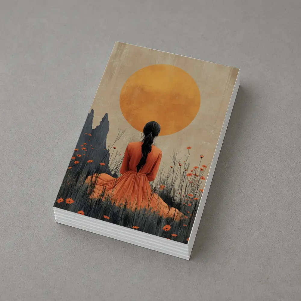 Woman in Orange Dress Golden Sun Field – Postcards