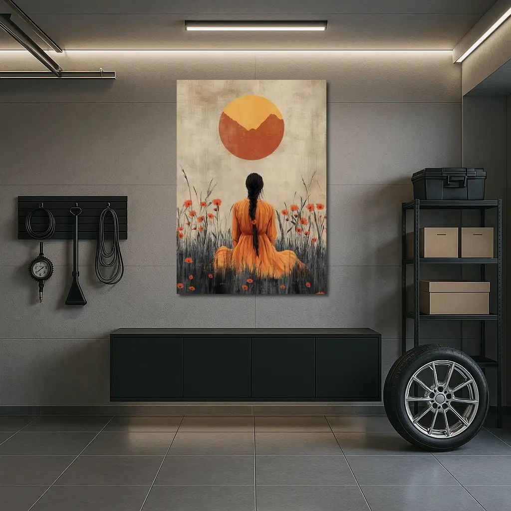 Woman in Orange Dress Poppy Field Sun – Wall Art