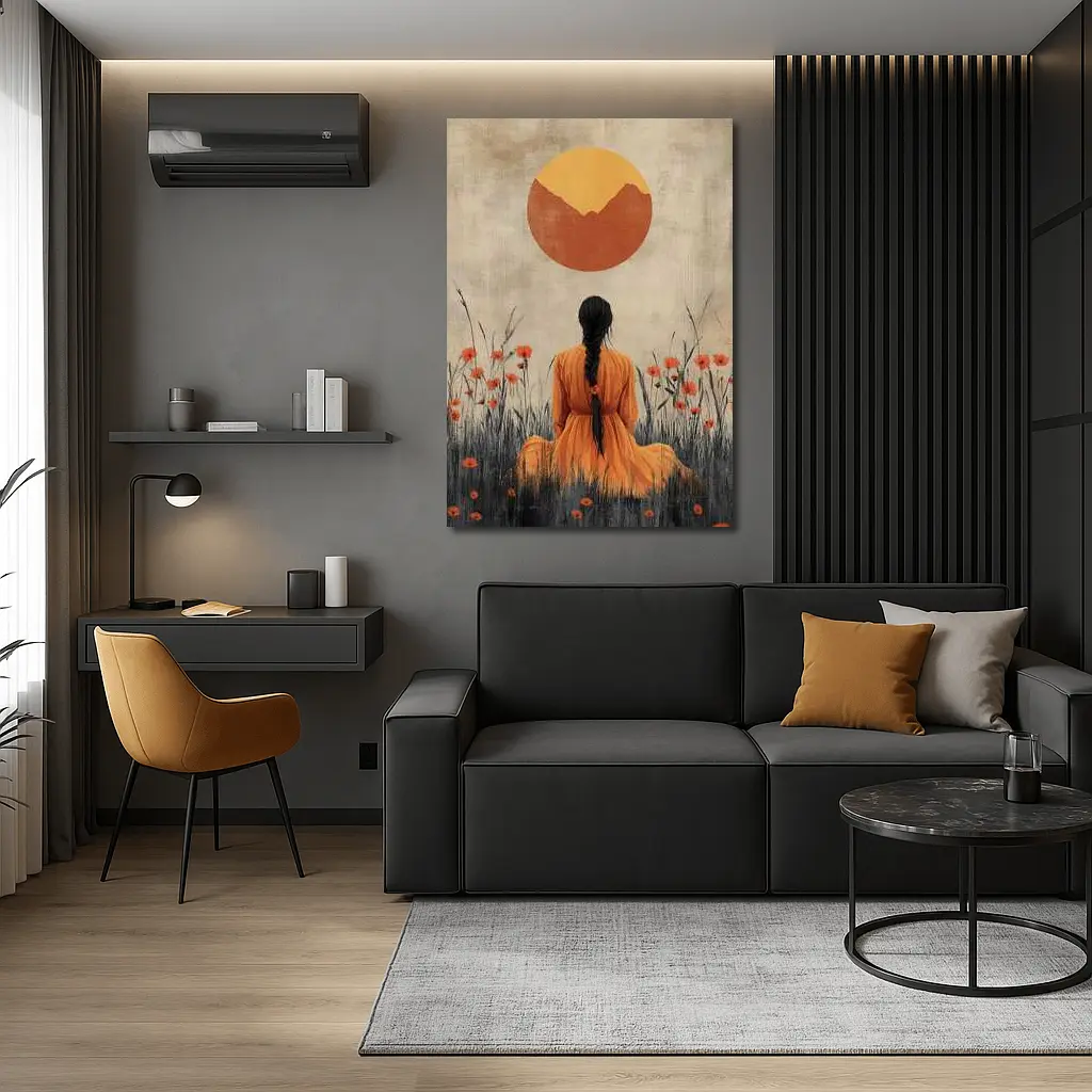 Woman in Orange Dress Poppy Field Sun – Wall Art