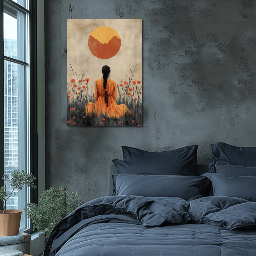 Woman in Orange Dress Poppy Field Sun – Wall Art