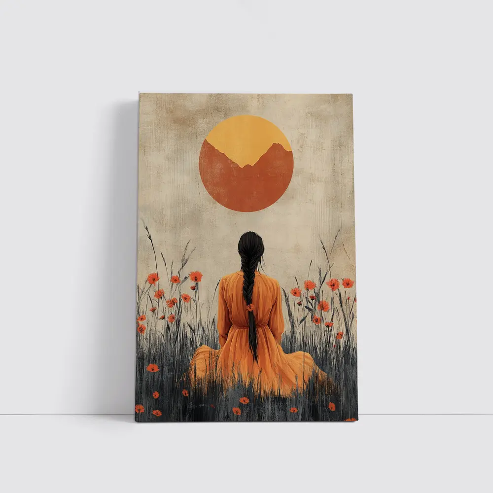 Woman in Orange Dress Poppy Field Sun – Wall Art