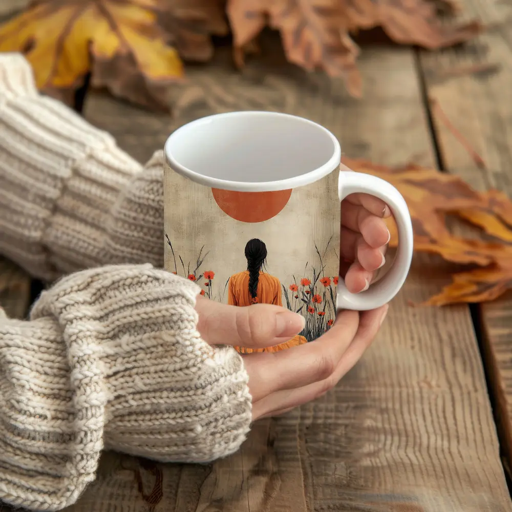 Woman in Orange Dress Poppy Field Sun – Mugs