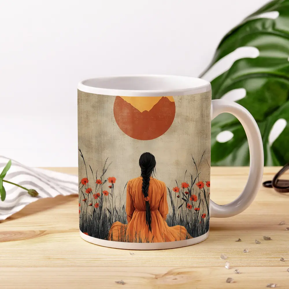 Woman in Orange Dress Poppy Field Sun – Mugs