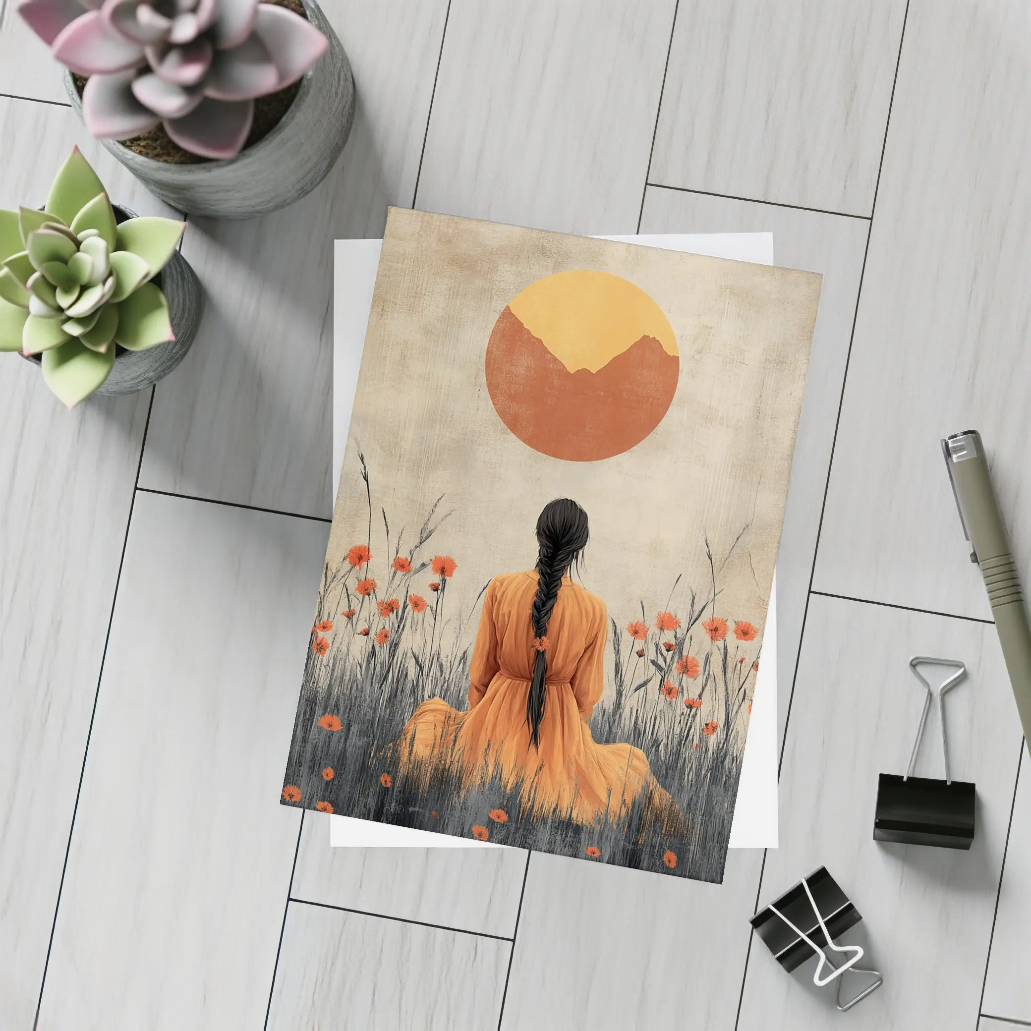 Woman in Orange Dress Poppy Field Sun – Postcards
