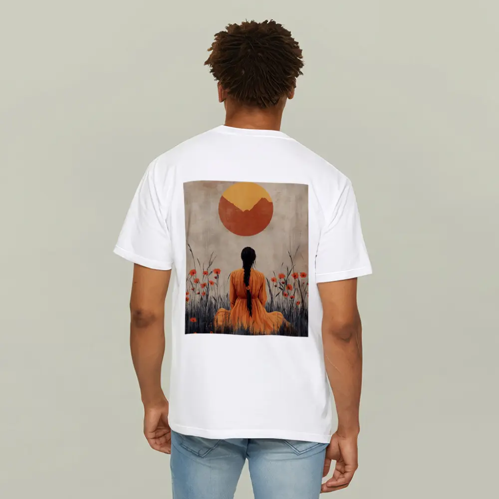 Woman in Orange Dress Poppy Field Sun – T-Shirts
