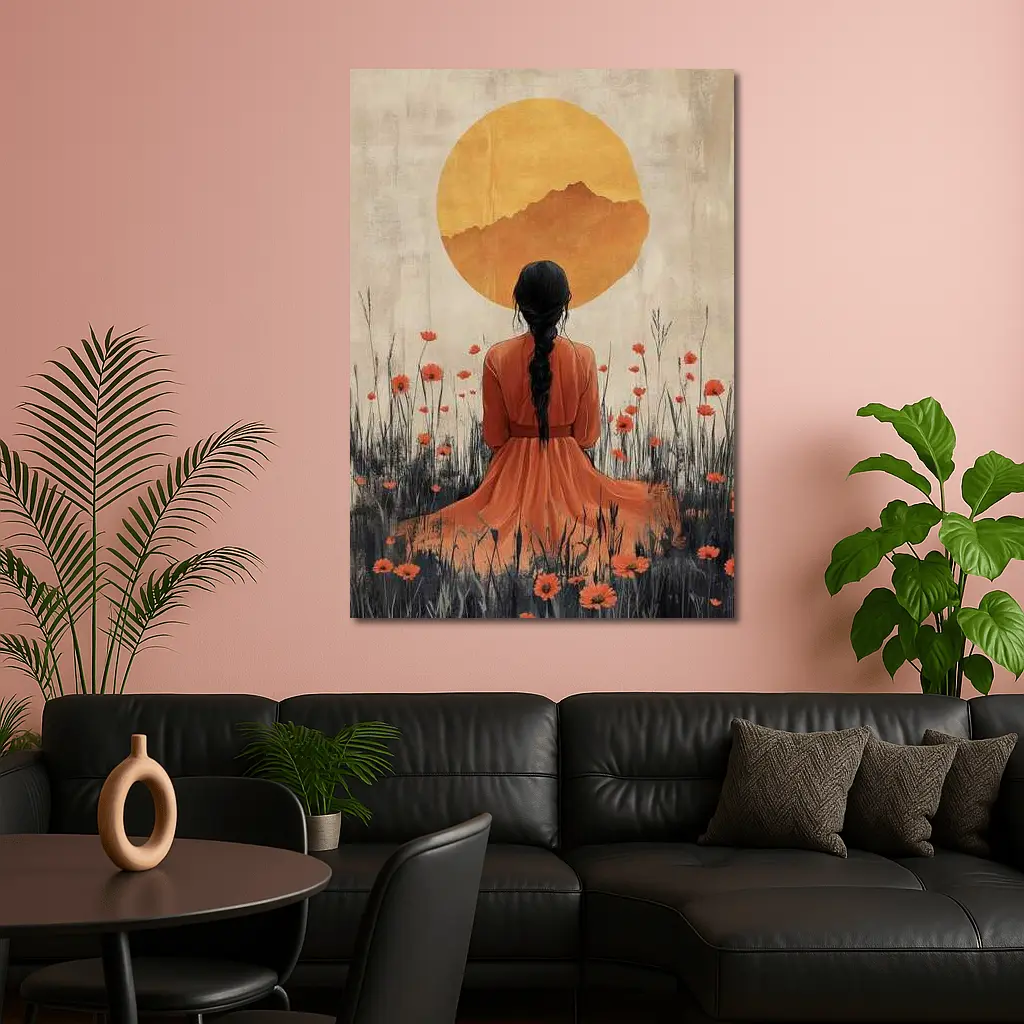 Woman Braided Hair Poppy Field Golden Sun – Wall Art