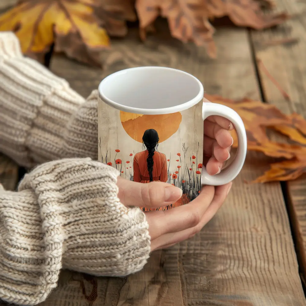 Woman Braided Hair Poppy Field Golden Sun – Mugs
