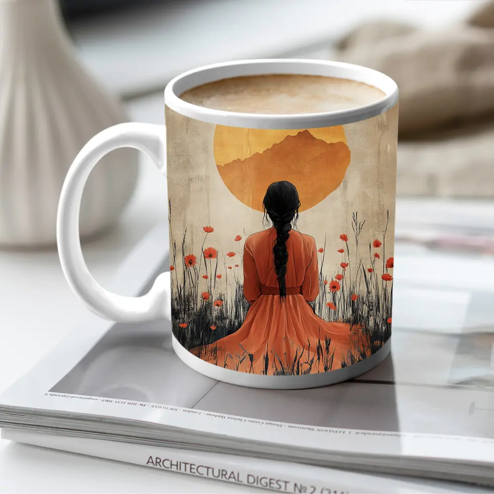 Woman Braided Hair Poppy Field Golden Sun – Mugs