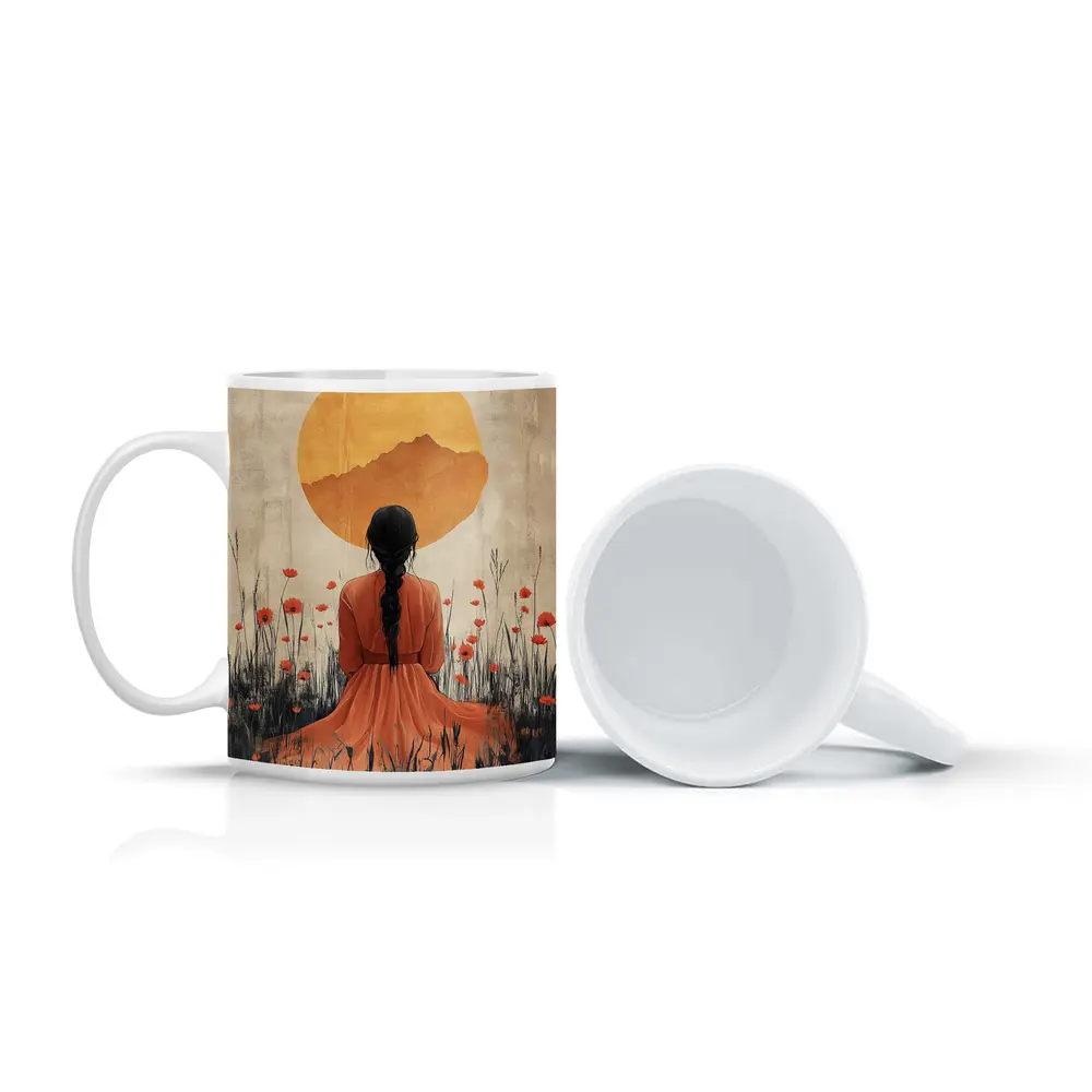Woman Braided Hair Poppy Field Golden Sun – Mugs