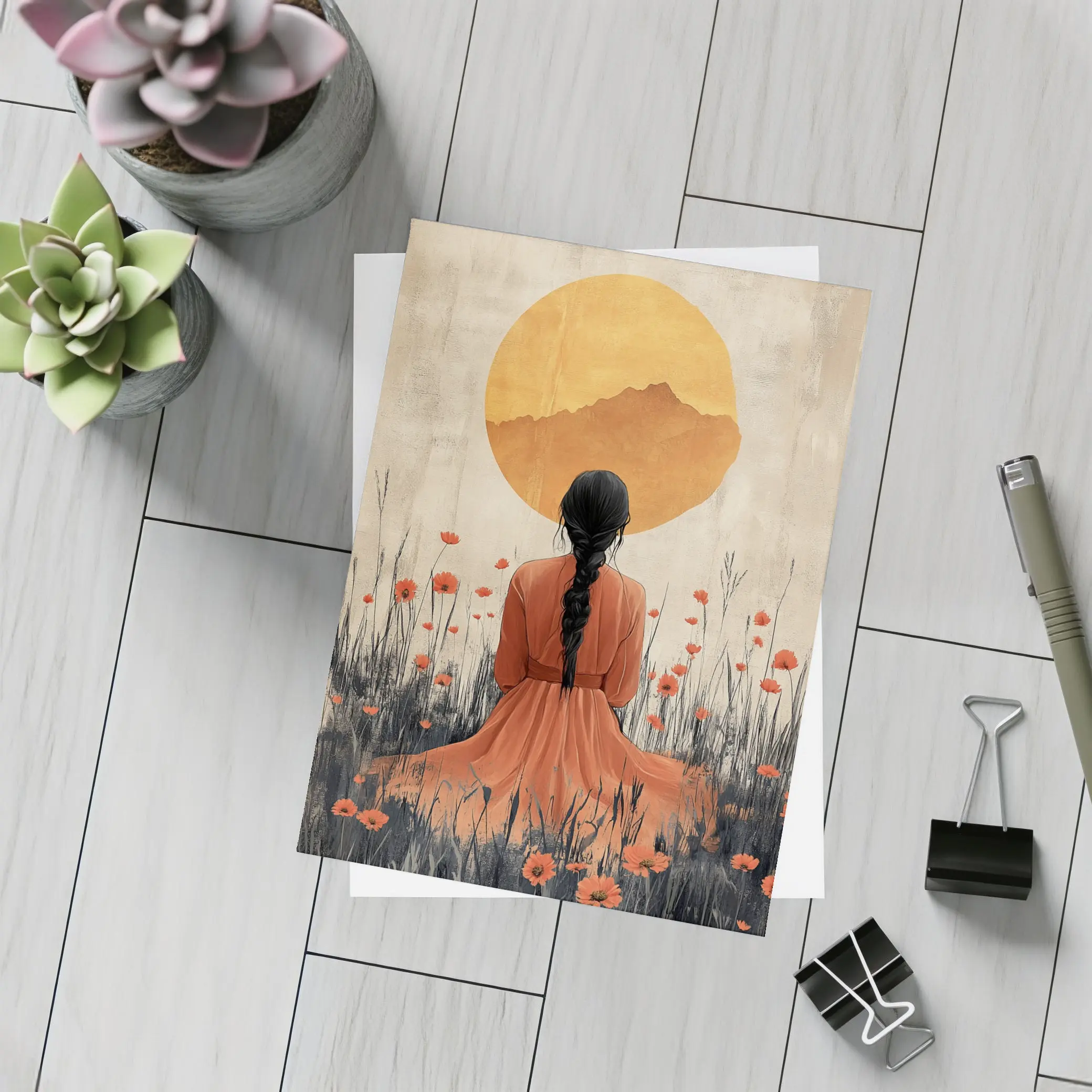 Woman Braided Hair Poppy Field Golden Sun – Postcards