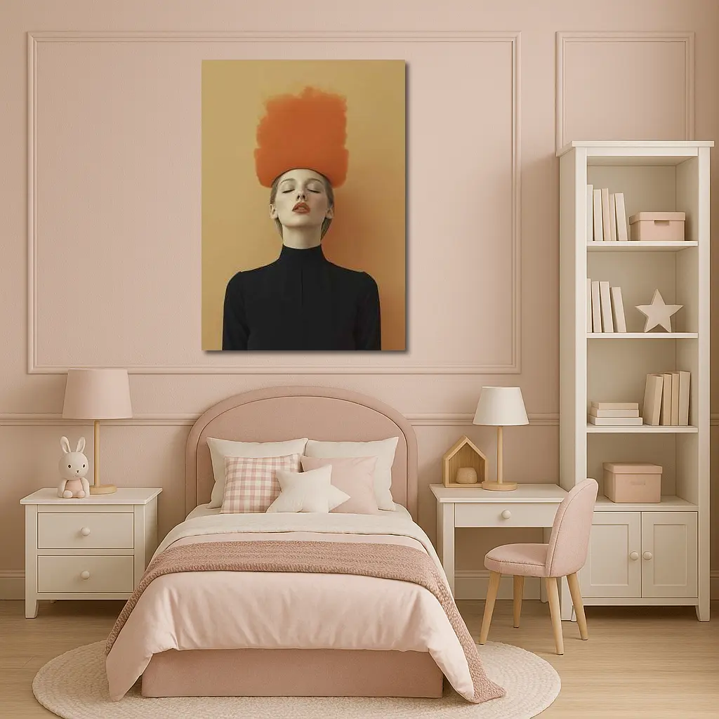 Woman Orange Smoke Cloud Beige Background – Wall Art