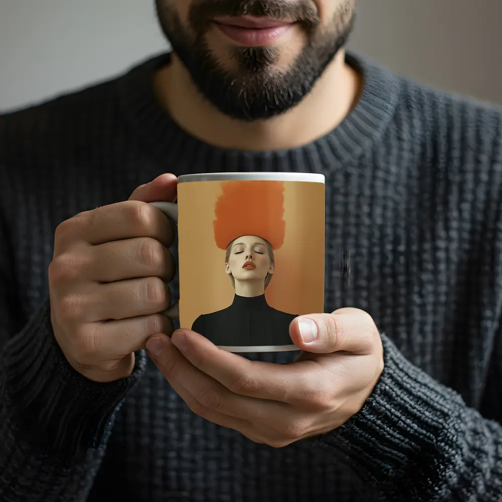 Woman Orange Smoke Cloud Beige Background – Mugs