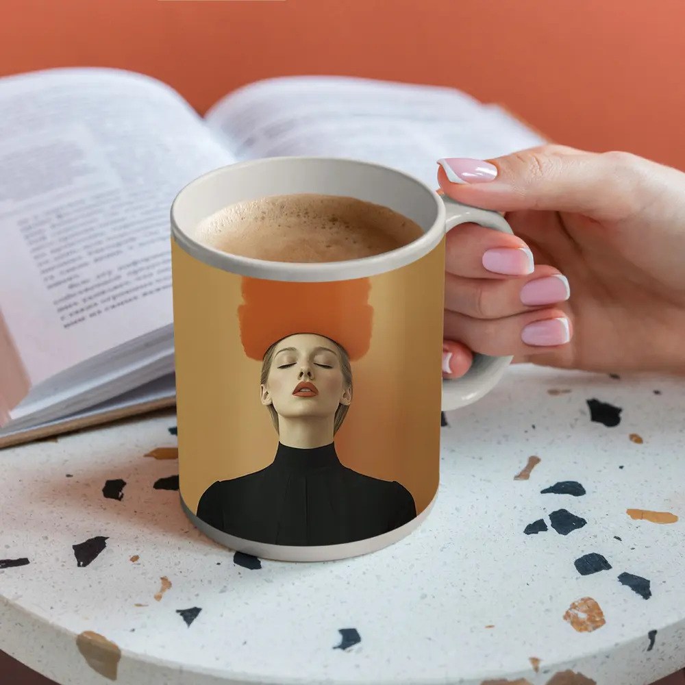 Woman Orange Smoke Cloud Beige Background – Mugs